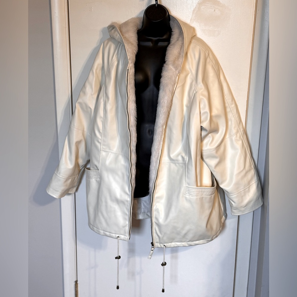 Cream Faux Leather Coat with Hood